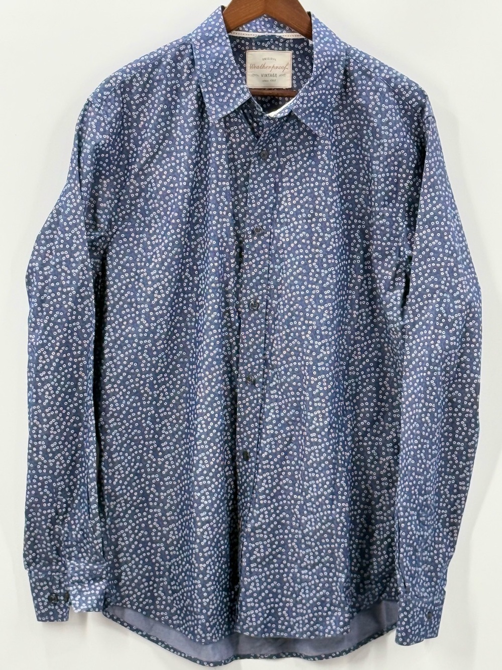 432 Weatherproof Men's Large Navy Blue Printed Button-Down Shirt